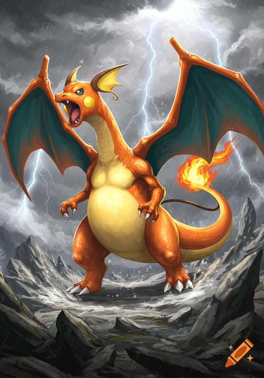 A powerful, orange Charizard and Raichu fusion roars amidst a stormy, lightning-filled landscape.