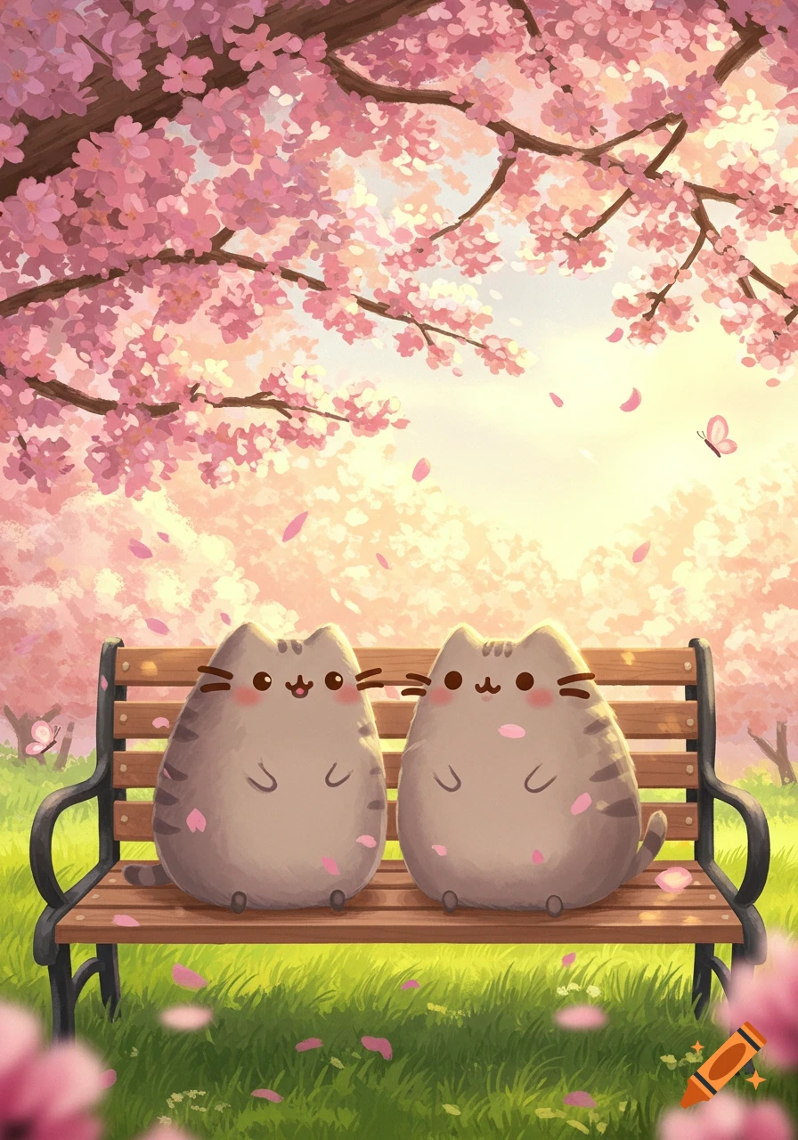 Two cute gray cartoon cats with pink cheeks sit side-by-side on a park bench under a blooming cherry blossom tree with falling petals.