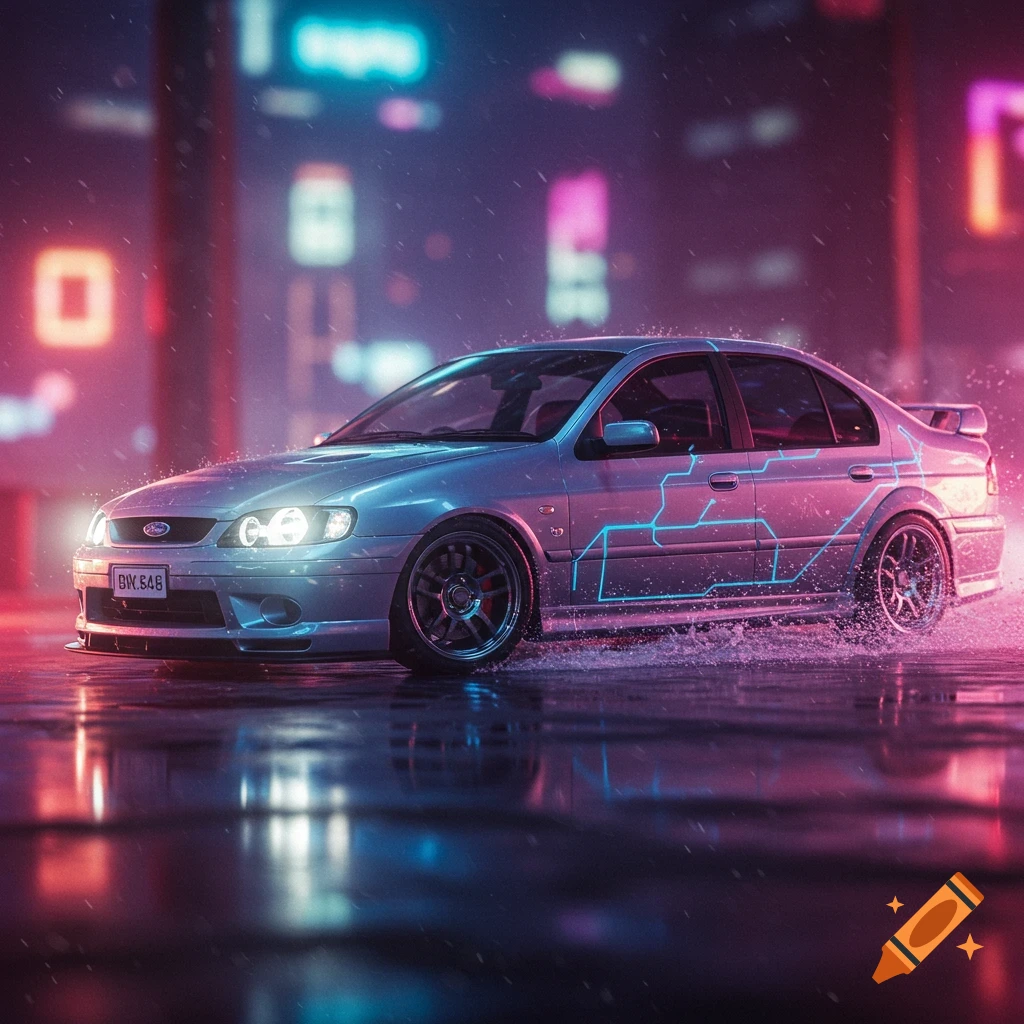 A silver car with blue circuit patterns splashes through puddles on a neon-lit cyberpunk street at night.