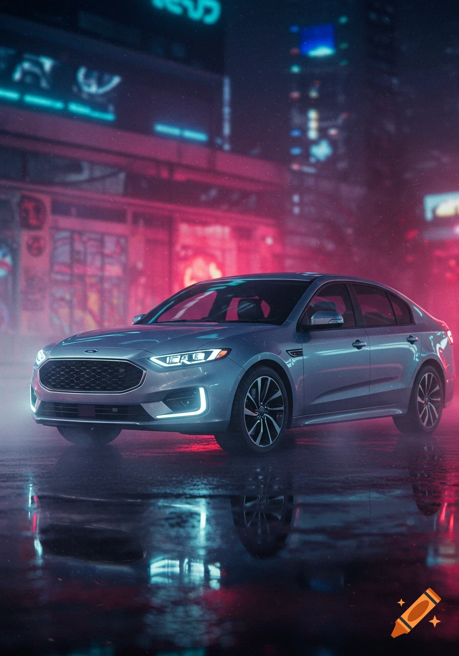A silver Ford sedan parked on a wet city street at night, illuminated by vibrant pink and blue neon lights reflected on the ground.