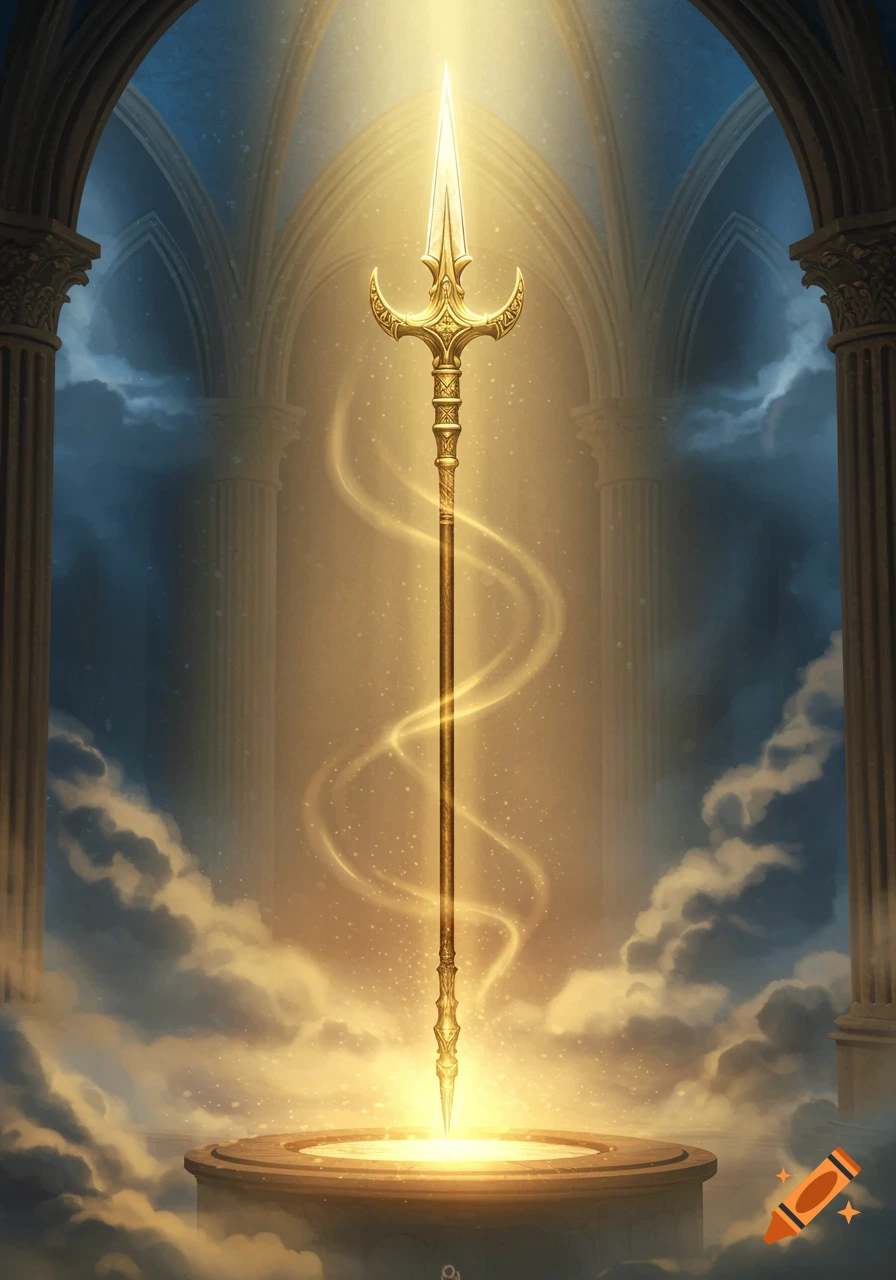 A radiant golden spear stands upright on a glowing pedestal within a grand temple of stone arches and white clouds, bathed in golden light.