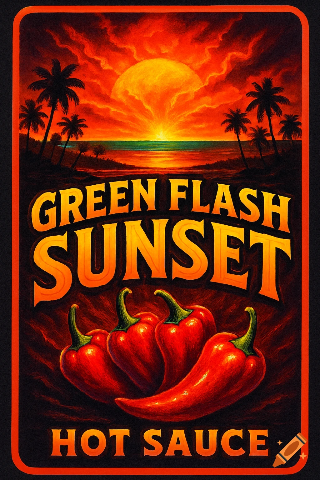 Vibrant hot sauce label with 'Green Flash Sunset Hot Sauce' text, a fiery sunset over palm trees and ocean, and red chili peppers.