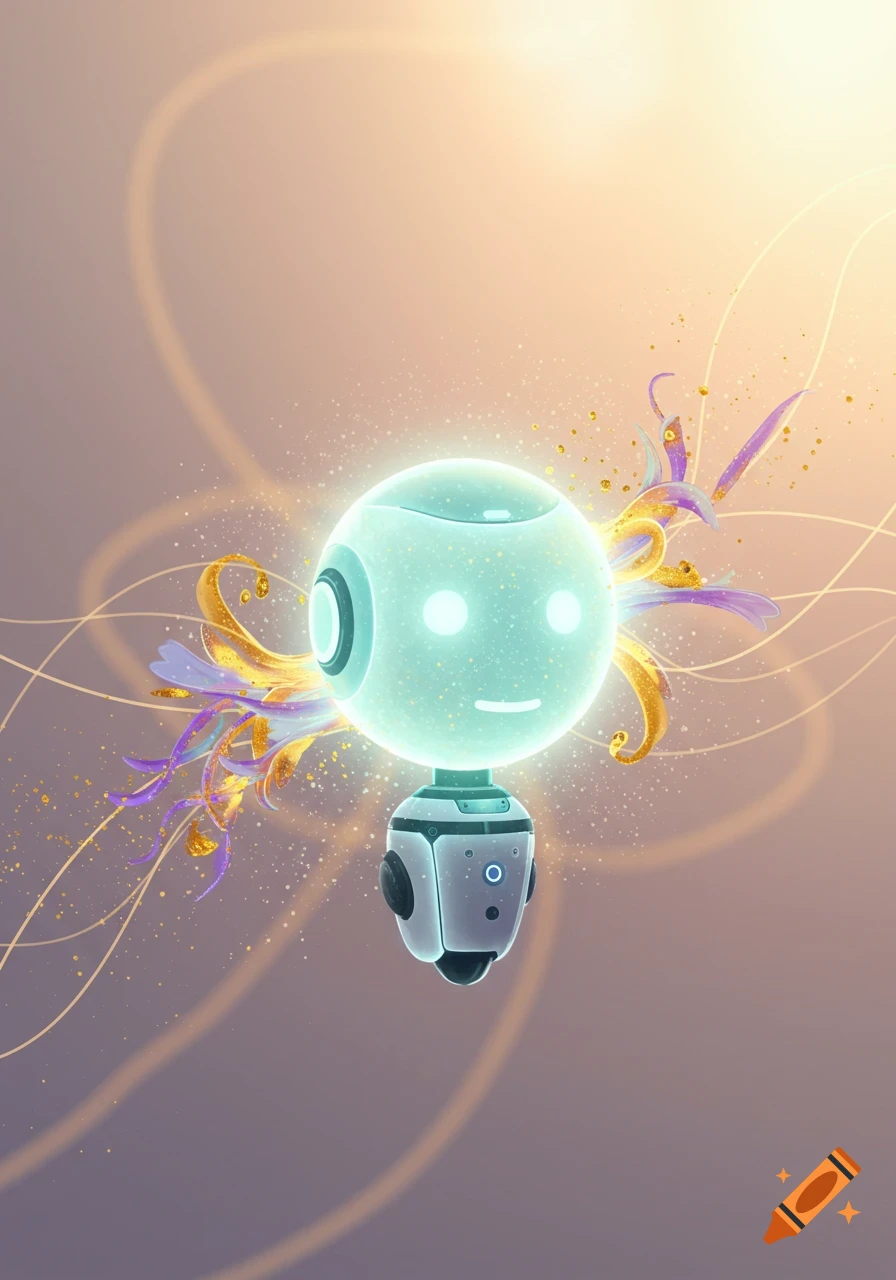 A glowing, minimalist spherical robot with a happy face surrounded by golden glitter and abstract purple and gold shapes, digital art.