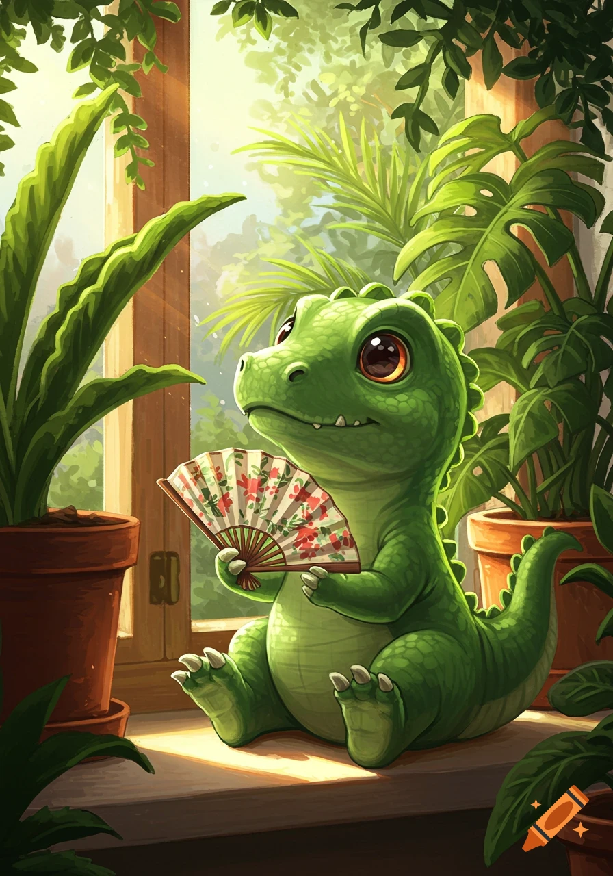 A cute, green, cartoon baby dinosaur sits by a sunlit window, surrounded by potted plants, holding a floral fan.