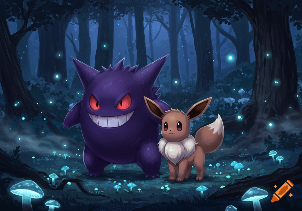 Gengar and Eevee stand in a dark, mystical forest with glowing blue mushrooms and fireflies, in an animated illustration style.