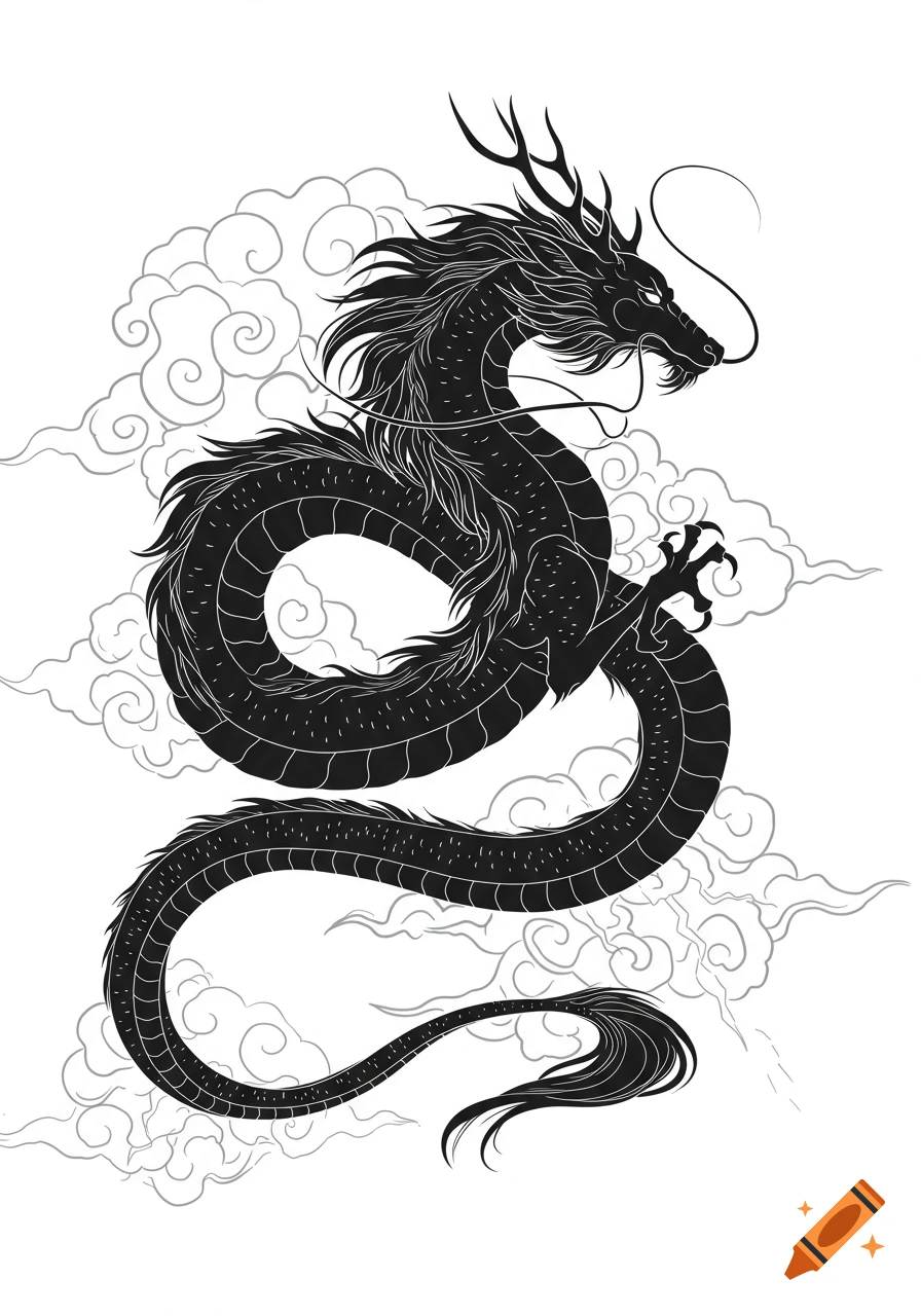 Black minimalist line art illustration of a Chinese-style dragon with antlers and whiskers, surrounded by grey clouds on a white background.