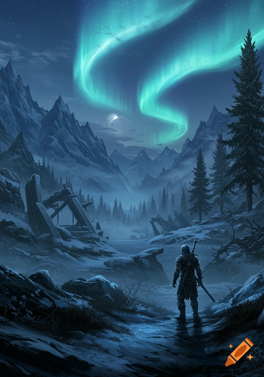 An armored figure stands in a snowy mountain valley at night, gazing at the vibrant aurora borealis over ancient ruins. Fantasy art.