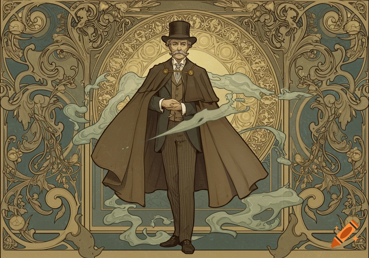 A man in a top hat and cape with a mustache stands in an ornate Art Nouveau style background with swirling smoke.