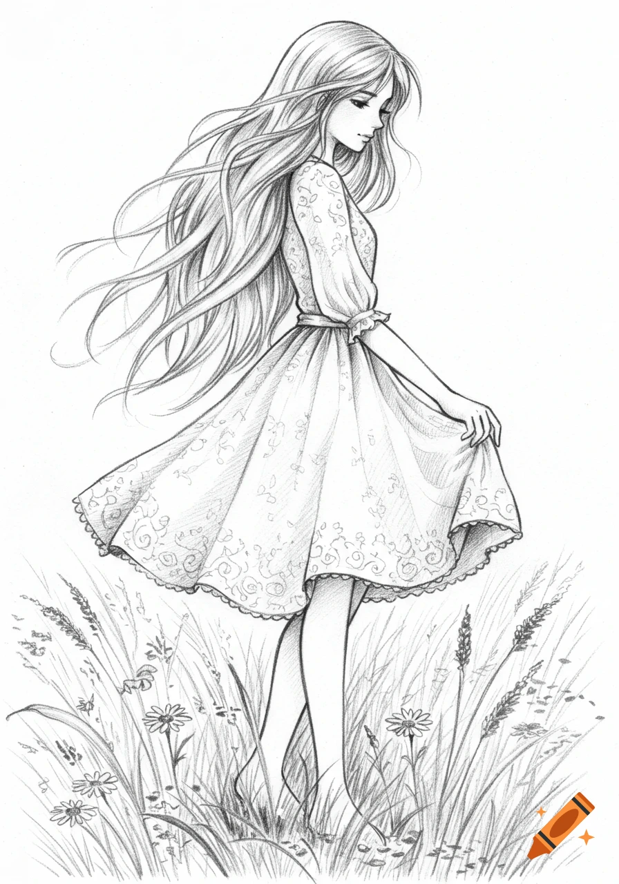 A detailed pencil sketch of a girl with long flowing hair in a dress, standing in a field of grass and wildflowers, looking down.