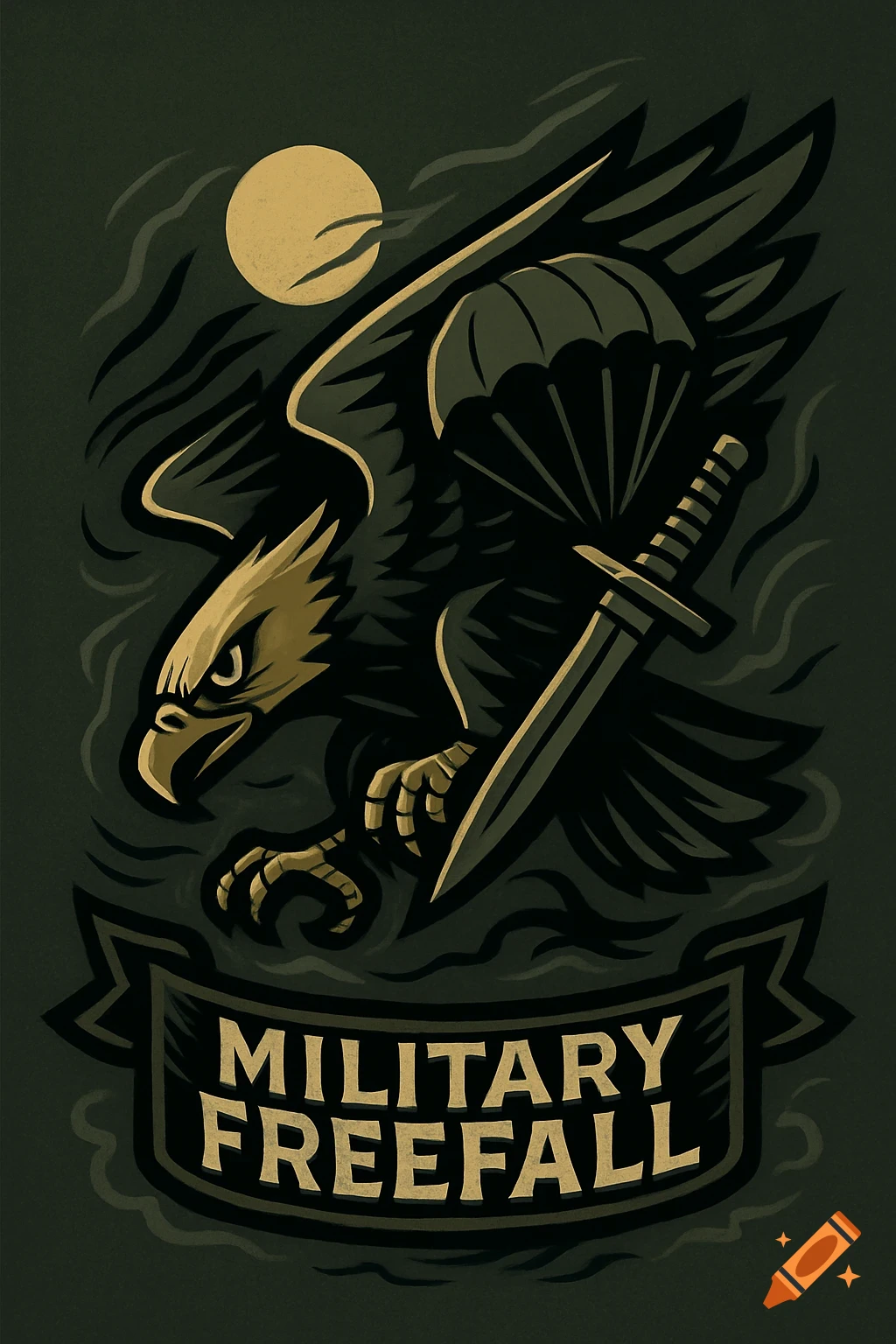 Stylized illustration of an eagle with a parachute and dagger, flying above a banner with 'MILITARY FREEFALL' text, under a moon.