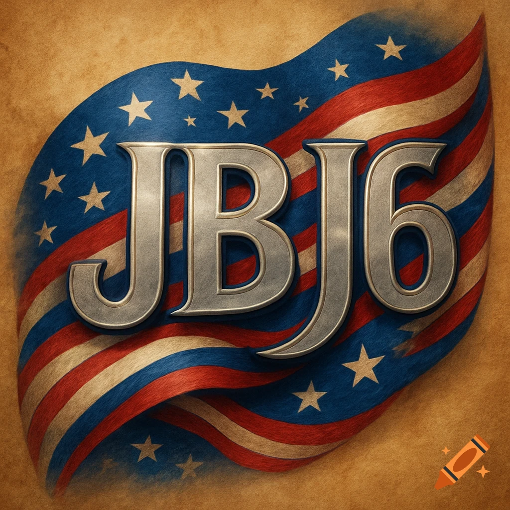Metallic silver text JBJ6 superimposed on a wavy American flag against a textured background.