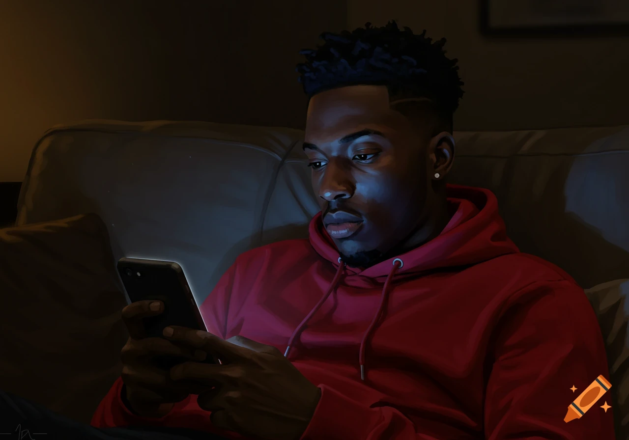 A young Black man in a red hoodie sits on a couch, illuminated by the glowing screen of his phone in a dark room. Digital art.