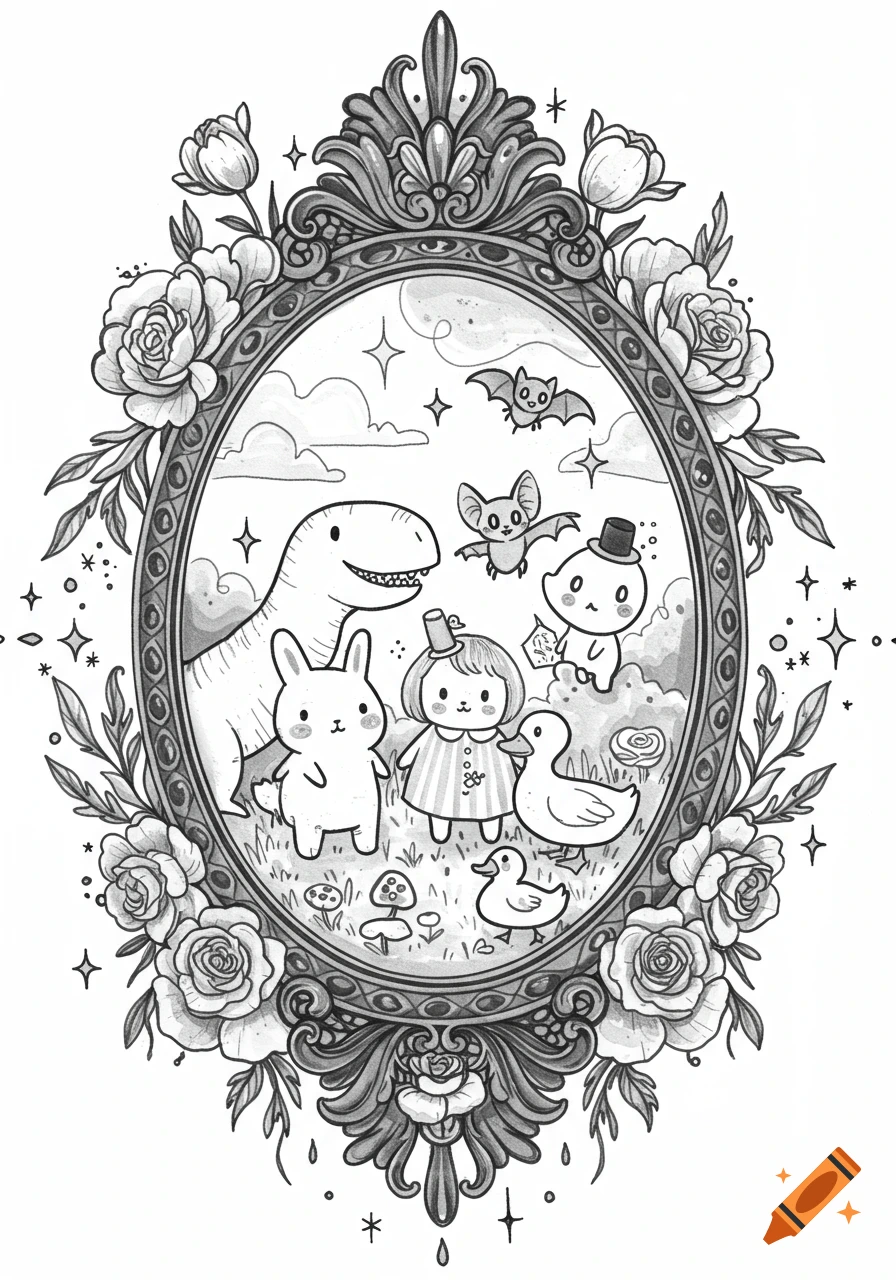 Black and white illustration of a dinosaur, bunny, doll, ducks, and bats in a field, enclosed by an ornate floral frame with roses and tulips.