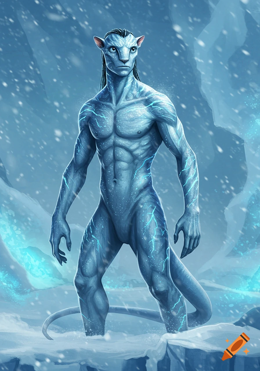 A tall, muscular, pale blue Na'vi-like creature with glowing bioluminescent veins stands in a snowy, icy landscape.