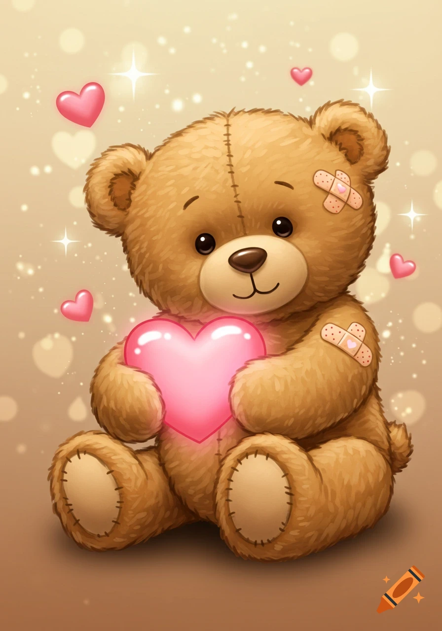 A cute brown cartoon teddy bear with bandages holding a shiny pink heart, set against a sparkling beige background with small hearts.