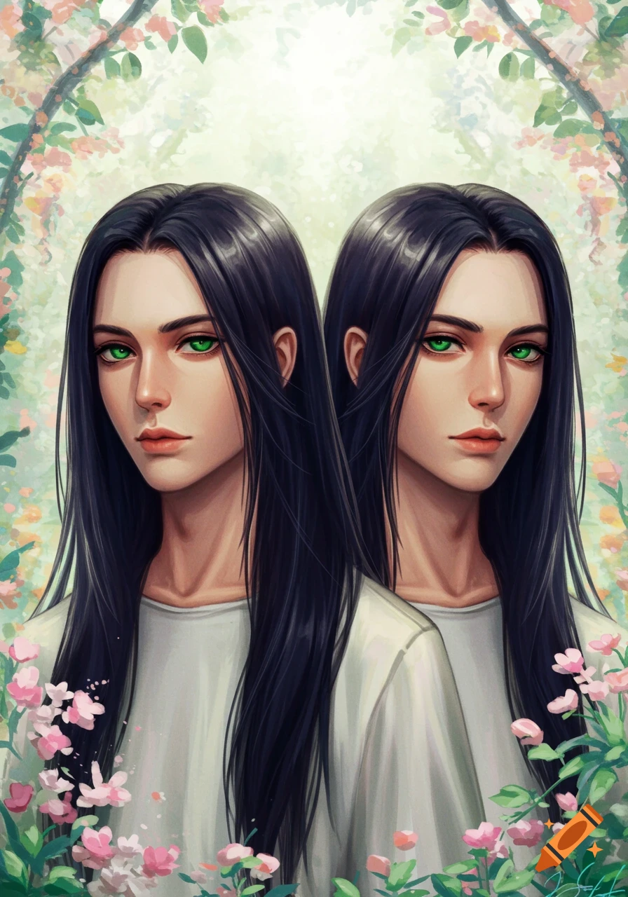Two identical figures with long black hair and striking green eyes, standing amidst a lush floral setting in an anime-style illustration.