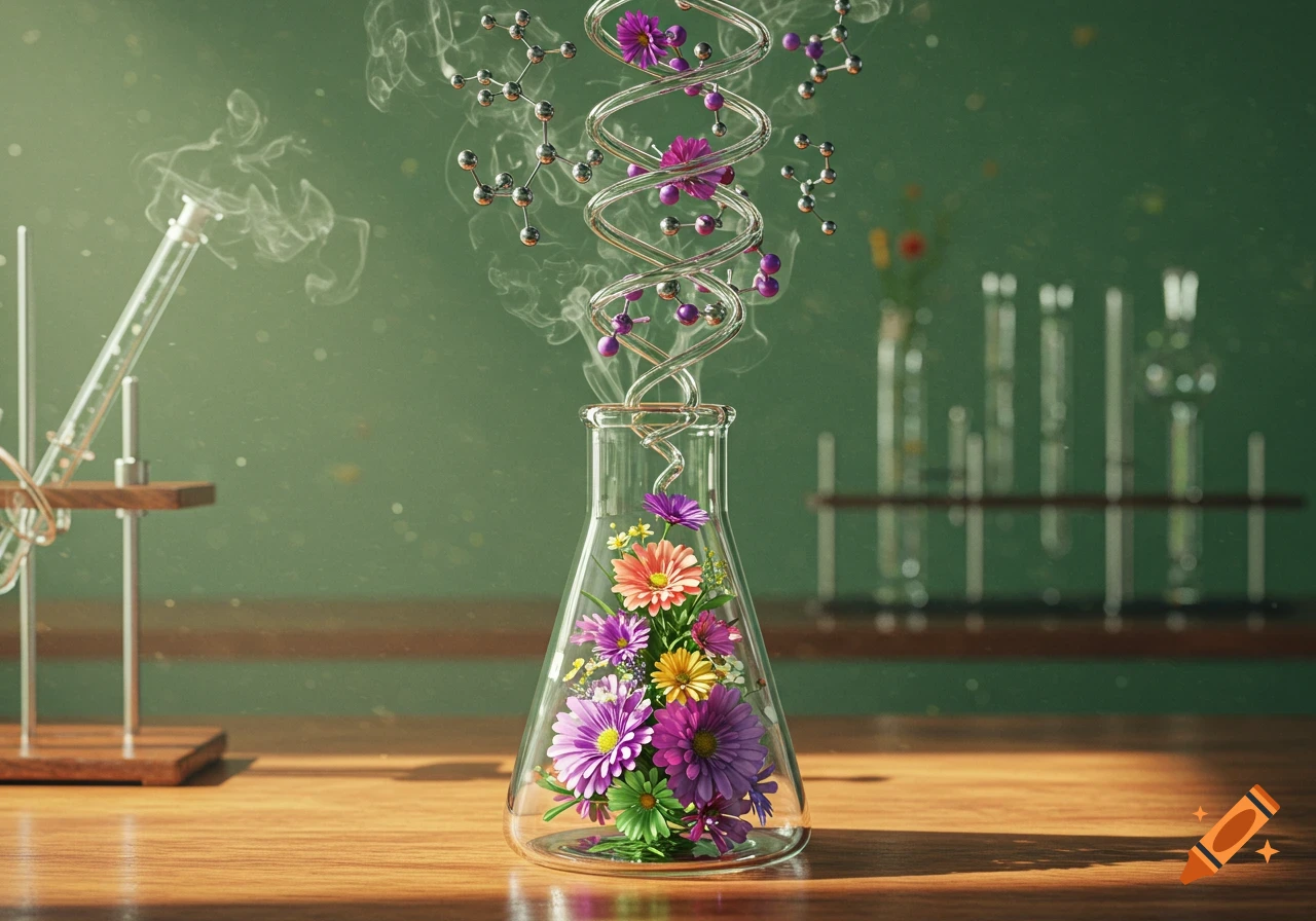Erlenmeyer flask filled with colorful flowers, with a floral DNA-like helix and molecules rising from it in a science lab.
