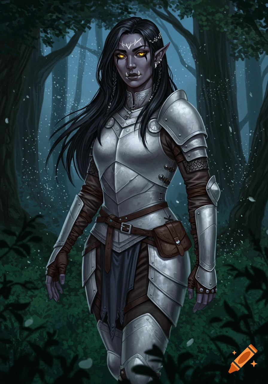 A female half-orc warrior with black hair and yellow eyes stands in light silver armor within a dark forest. Digital painting.
