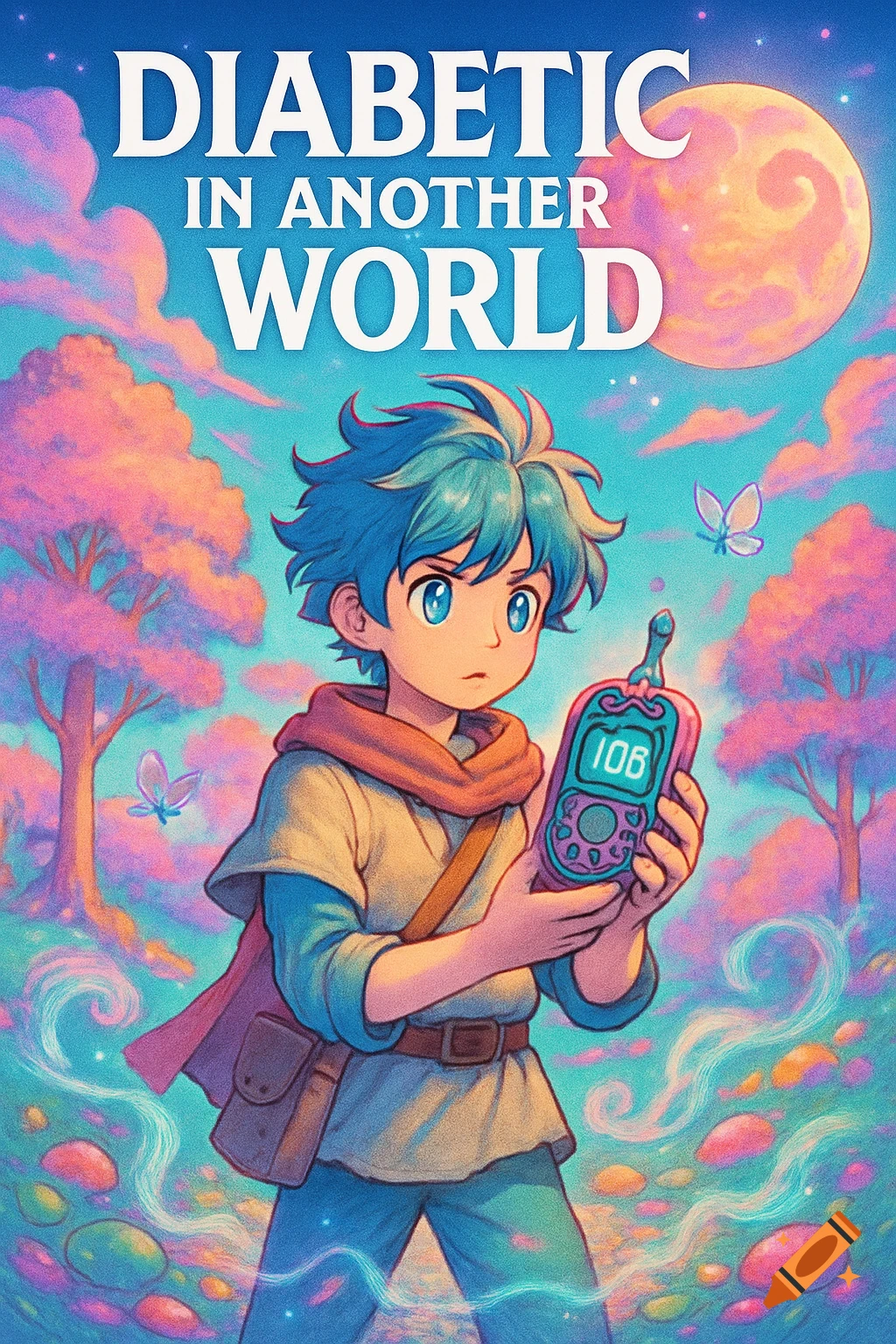 Anime-style illustration of a boy with blue hair in a colorful fantasy world, holding a device displaying '106'. Text reads 'DIABETIC IN ANOTHER WORLD'.
