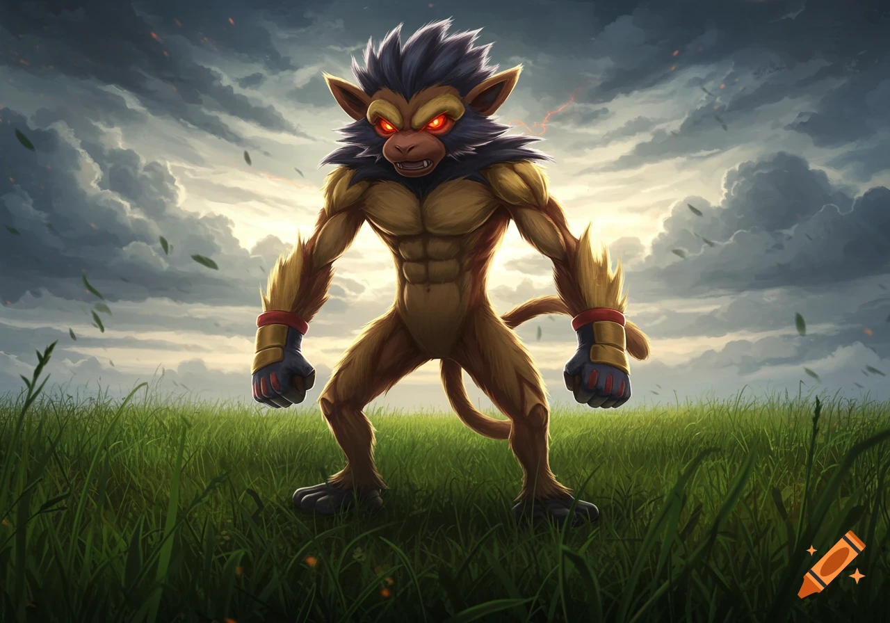 An angry, muscular Primeape-like creature stands in a grassy field under a dramatic cloudy sky, fists clenched.