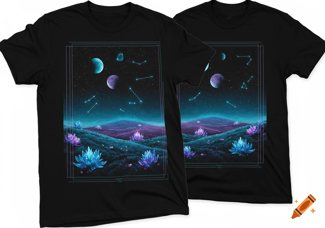 Black t-shirts displaying a vibrant alien landscape with purple and blue glowing lotus-like plants under a night sky with planets and constellations.
