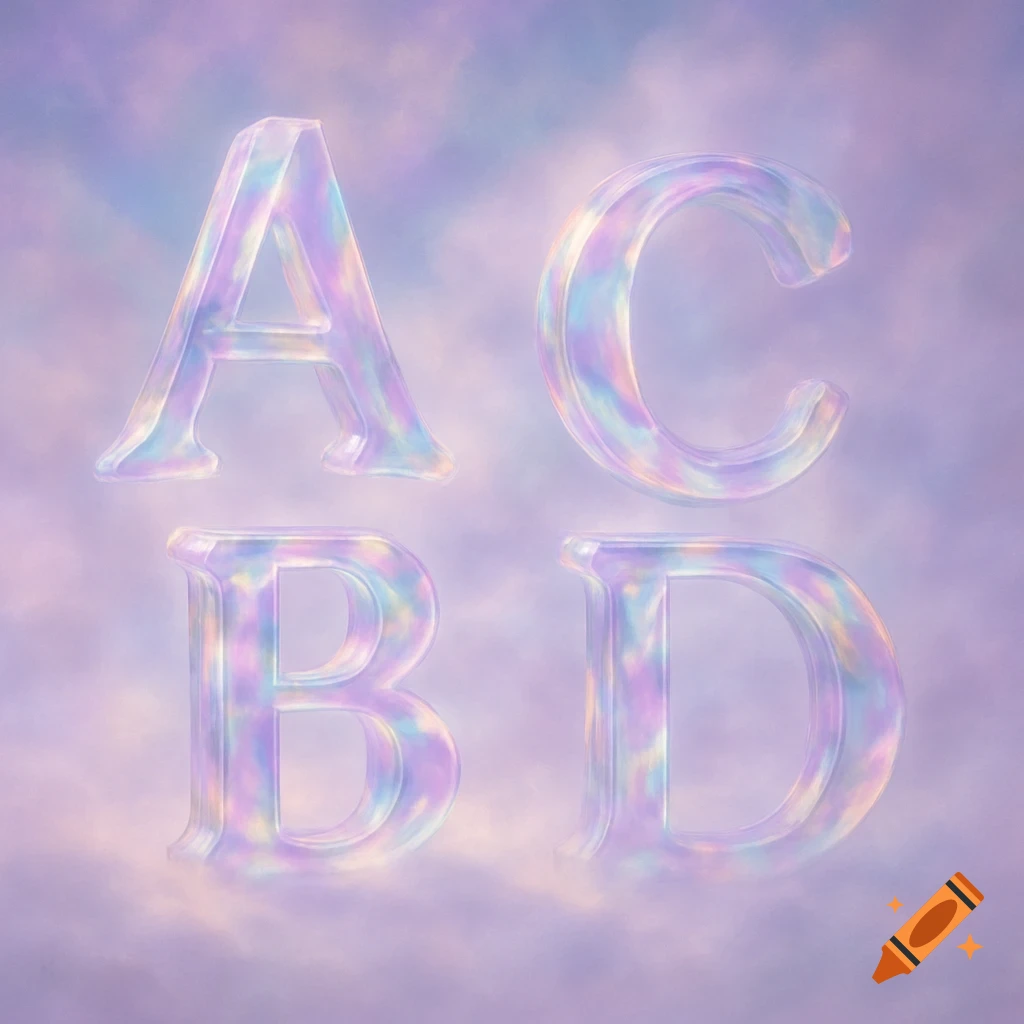 Four translucent, iridescent letters A, C, B, D float against a soft, pastel purple, cloudy background.