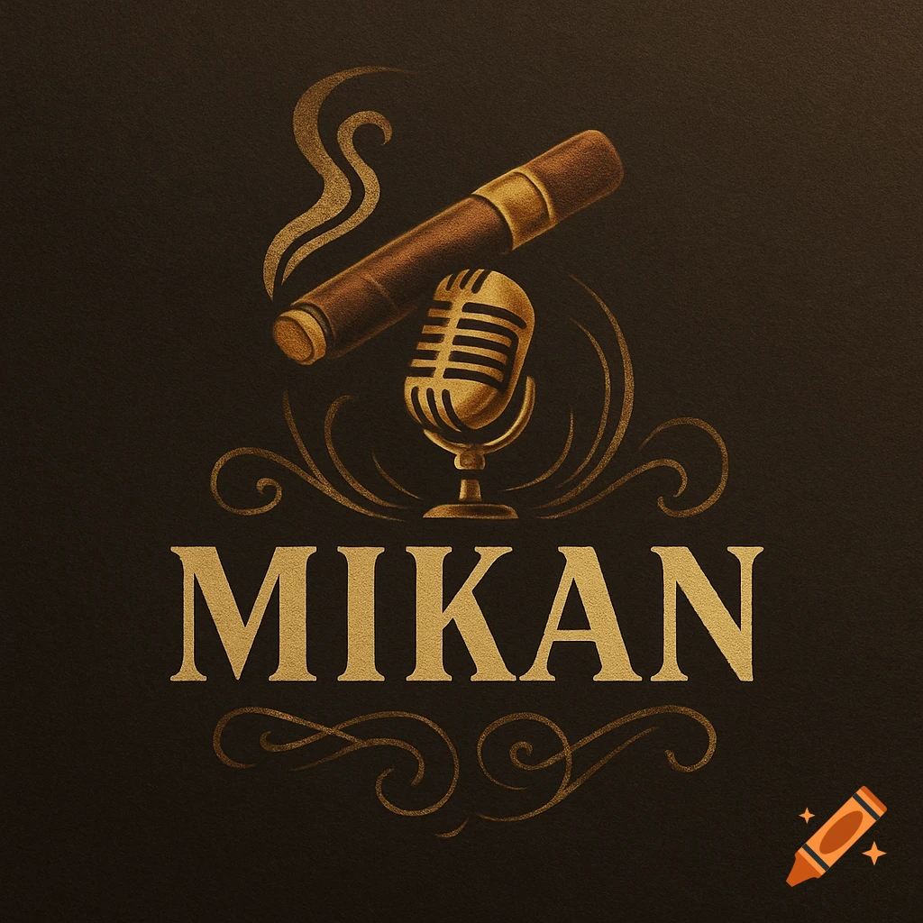 A logo featuring a golden cigar and a vintage gold microphone over elegant golden swirls, with the name "MIKAN" in bold gold letters below, all on a dark brown background.