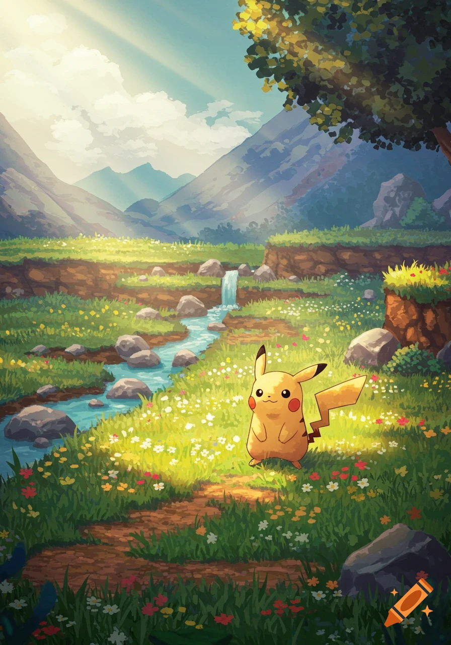 Pikachu stands in a vibrant, colorful valley with a stream, waterfall, and mountains, rendered in a game art style.