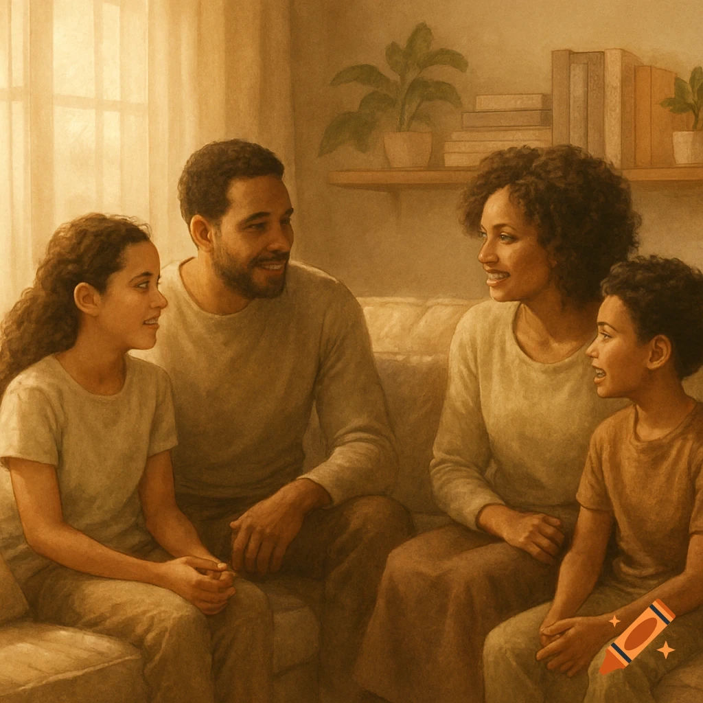 A family of four, including a father, mother, daughter, and son, sitting on a couch in a warmly lit living room, engaging in conversation.