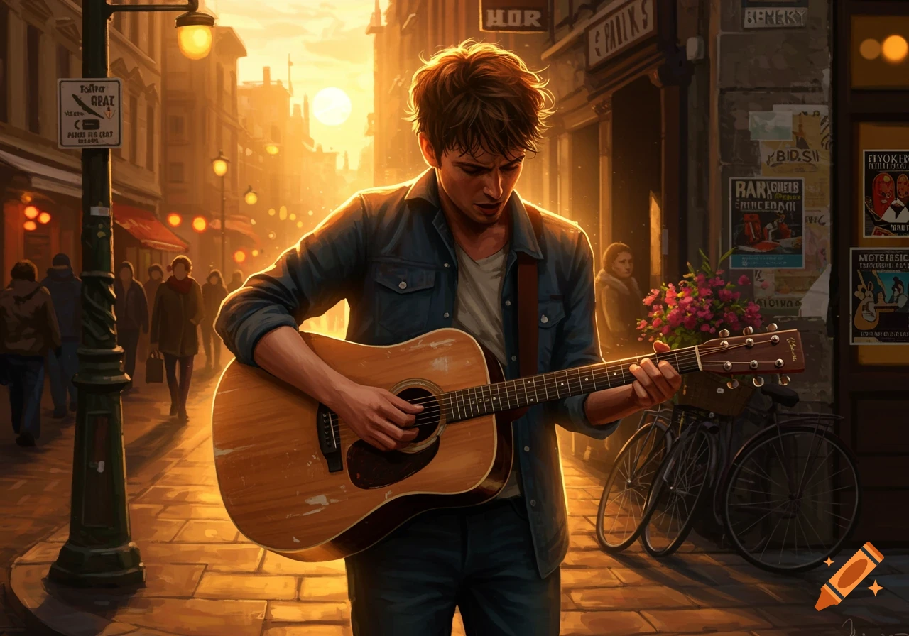 A young man with messy hair plays an acoustic guitar on a city street at sunset, bathed in golden light.