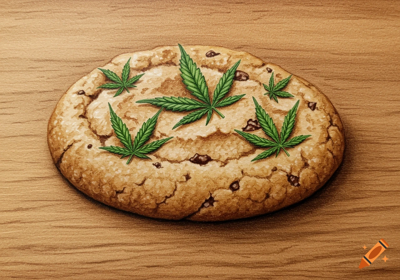 A freshly baked chocolate chip cookie topped with several vibrant green cannabis leaves on a rustic wooden table, in an illustrative style.