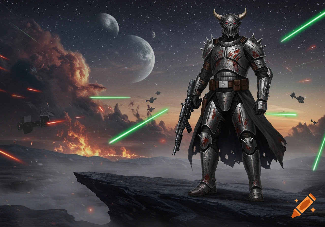 A horned armored warrior stands on a rocky planet surface under a starry sky with moons, amidst a laser battle with explosions.
