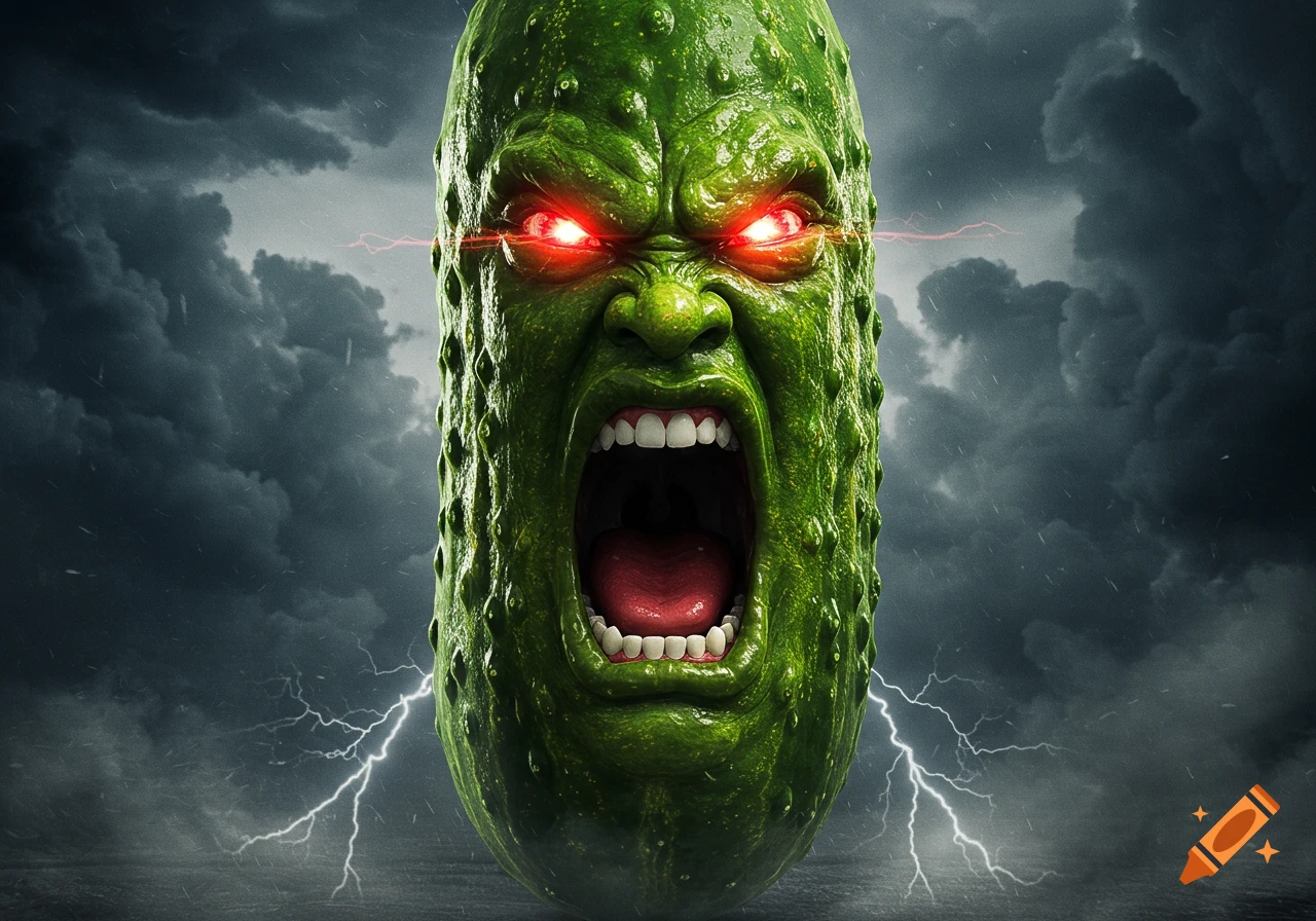 A hyper-realistic giant pickle with an angry, screaming face and glowing red eyes that shoot laser beams, set against a dark, stormy sky with lightning.