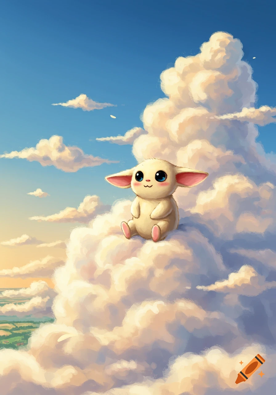 A cute, beige, big-eared creature with blue eyes sits happily on a large white cloud in a bright blue sky, with a sunlit green landscape below.