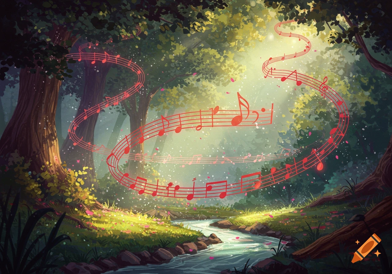 Vibrant illustration of a magical forest with a glowing river and bright red musical notes swirling through the air.