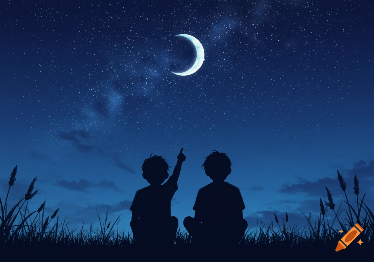 Silhouettes of two boys sitting in a field, one pointing at the crescent moon and starry night sky.