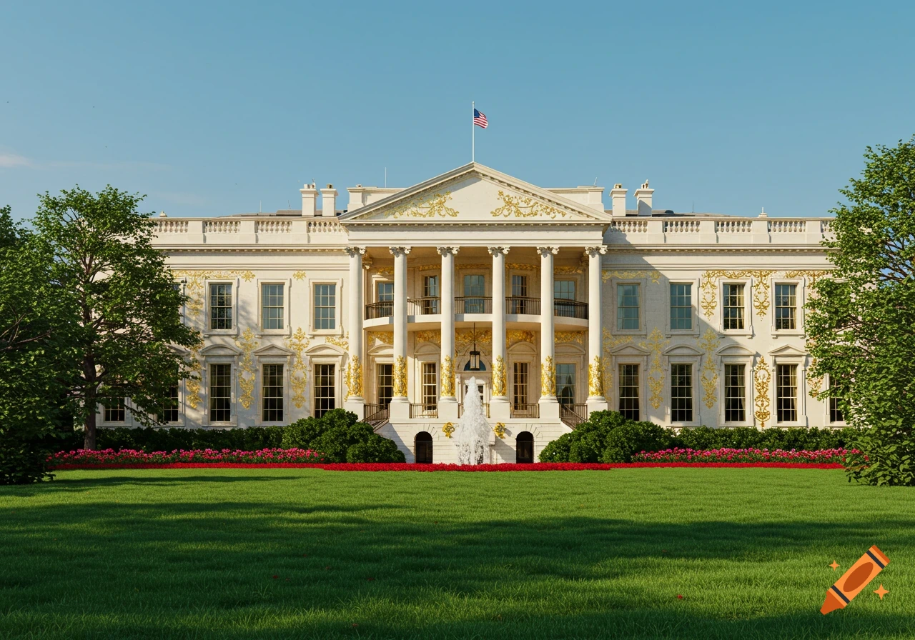 A photorealistic image of the White House with lavish gold trim, a fountain, and a green lawn.
