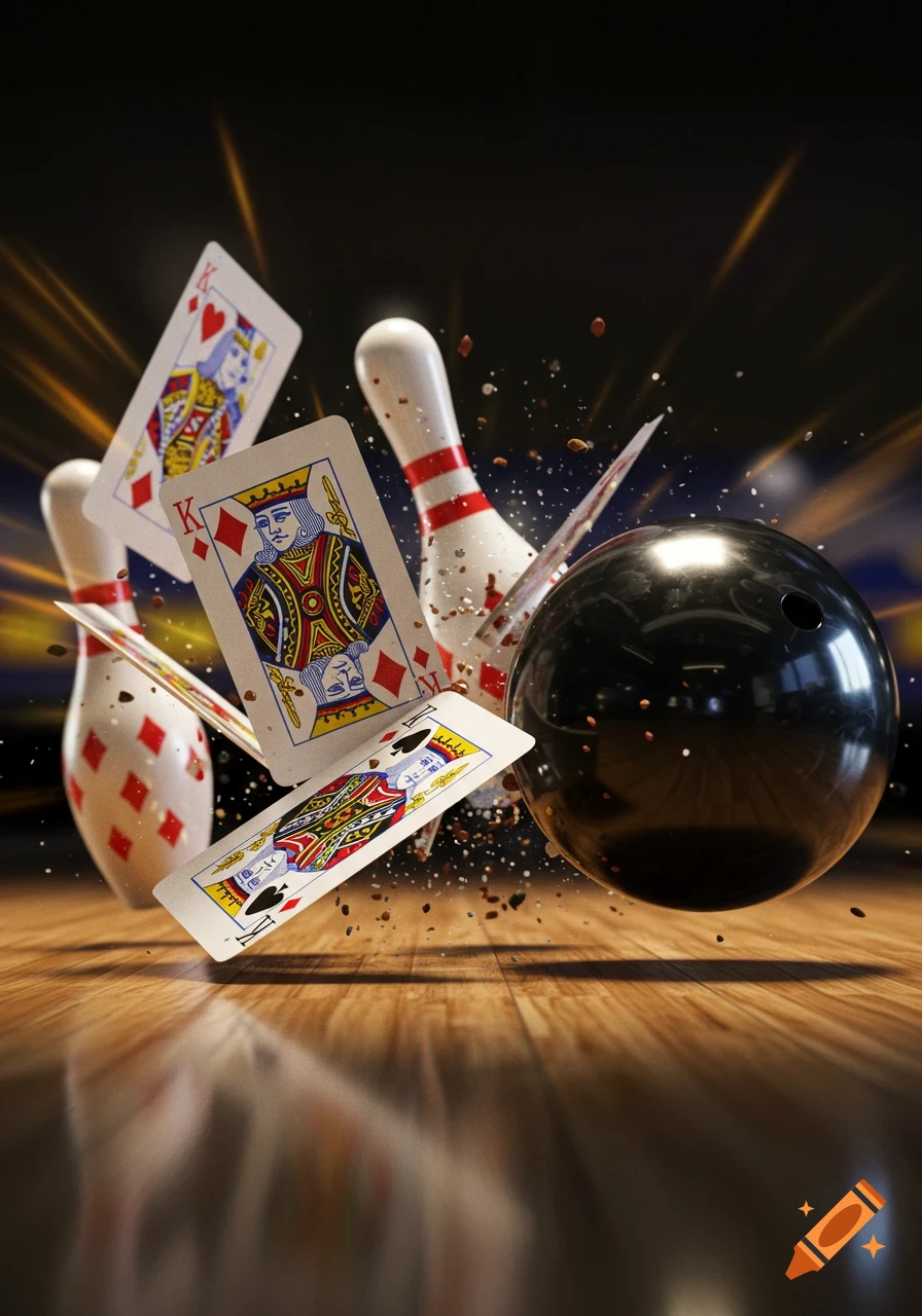 A black bowling ball impacts bowling pins and playing cards, sending them flying with debris and light streaks on a wooden lane.
