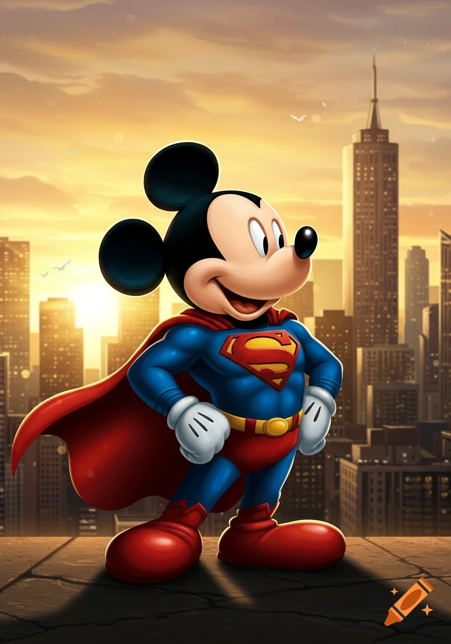 Mickey Mouse in a Superman costume stands on a rooftop overlooking a city skyline at sunset in a vibrant cartoon style.