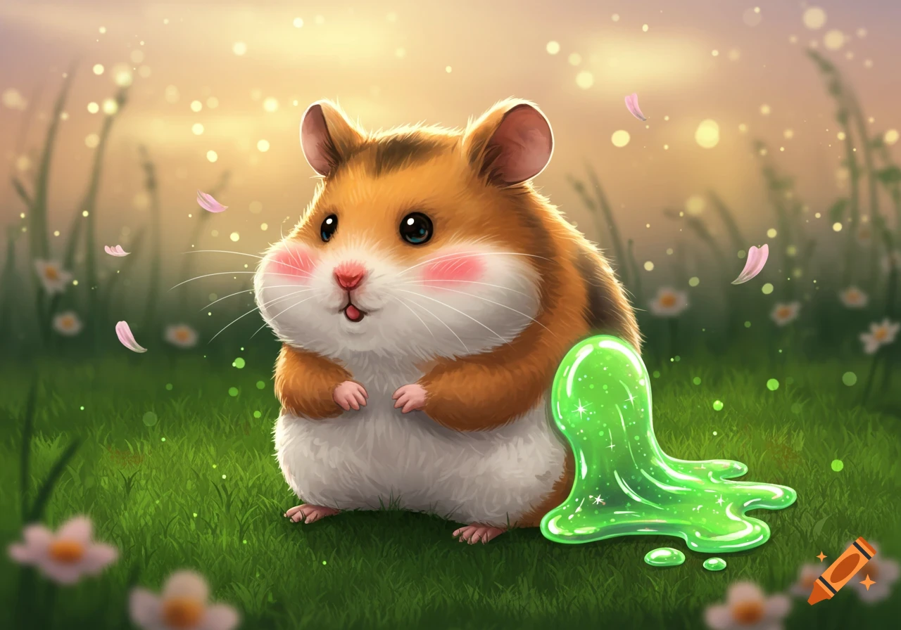 A cute cartoon hamster sits in a vibrant green field next to a blob of bright green slime, with glowing bokeh and floating petals.