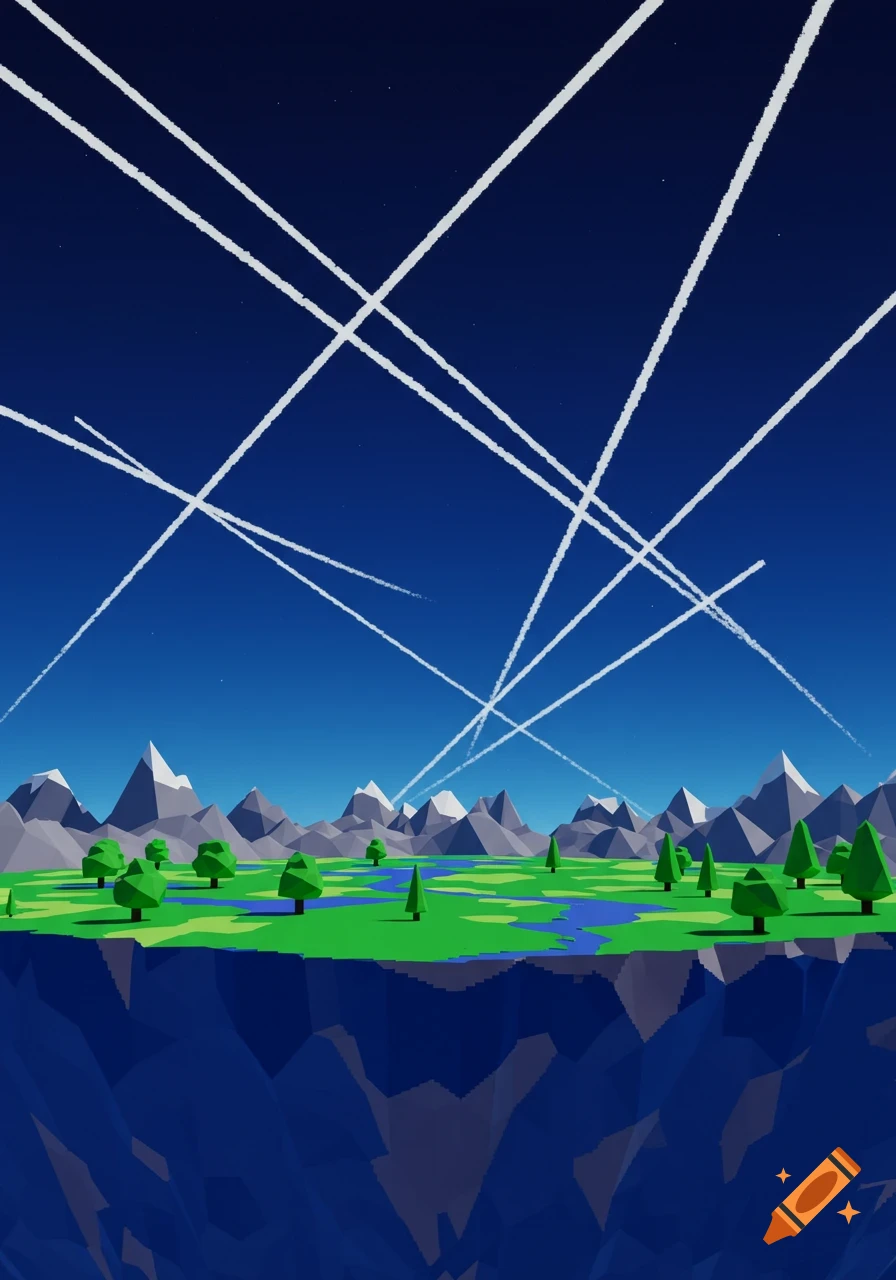 A low-poly landscape with a floating island, green trees, mountains, and crisscrossing white contrails in a blue sky, in a retro gaming style.