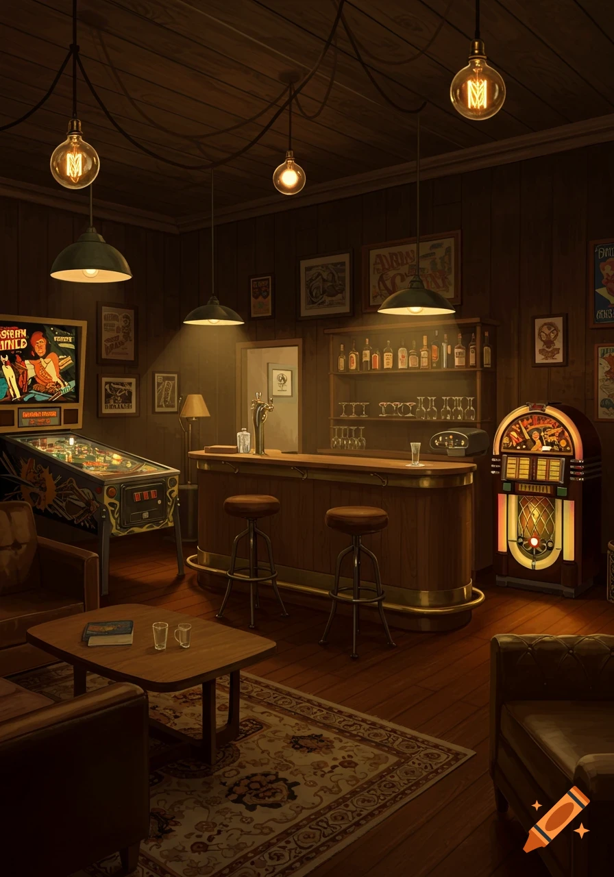 A warmly lit vintage-style recreation room featuring a wooden bar with stools, a pinball machine, and a jukebox.