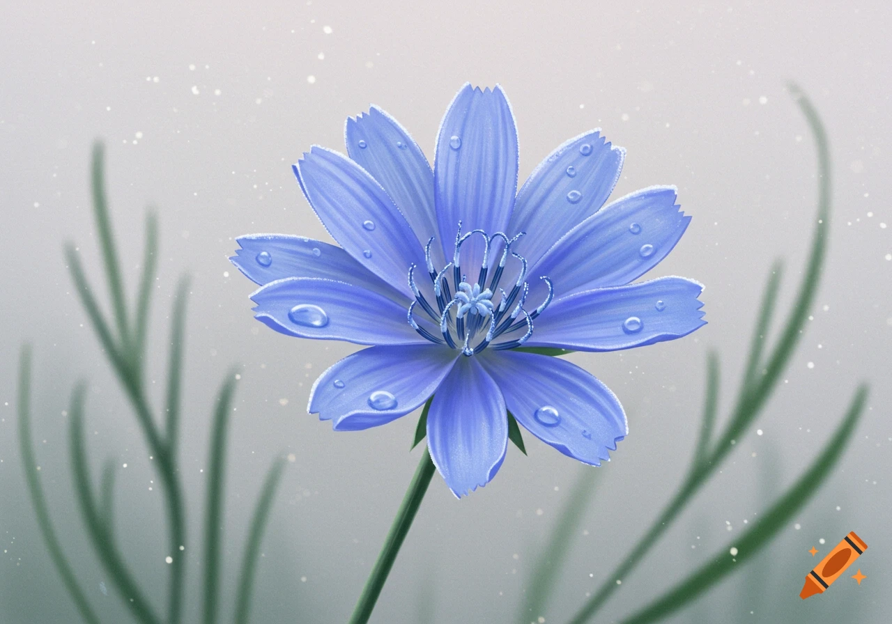A close-up, photorealistic illustration of a bright icy-blue flower with water droplets on its petals, set against a soft, light background with faint green stems and sparkling bokeh.