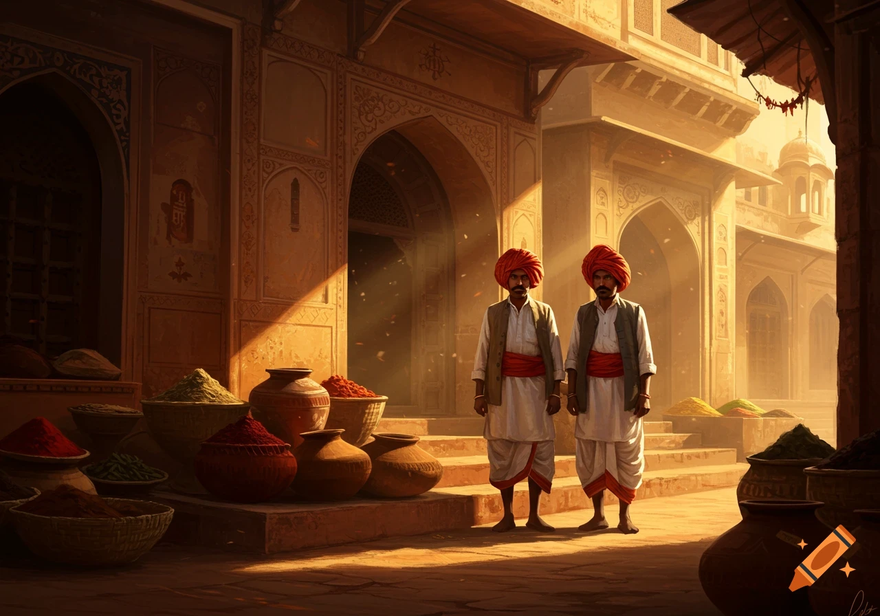 Two Indian men in turbans and traditional clothing stand in a sunlit, ornate market street with baskets of colorful spices.