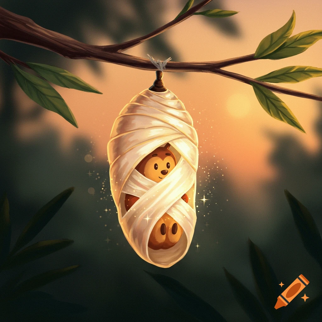 A cute, cartoon creature peeks from a glowing white chrysalis hanging from a tree branch at sunset.