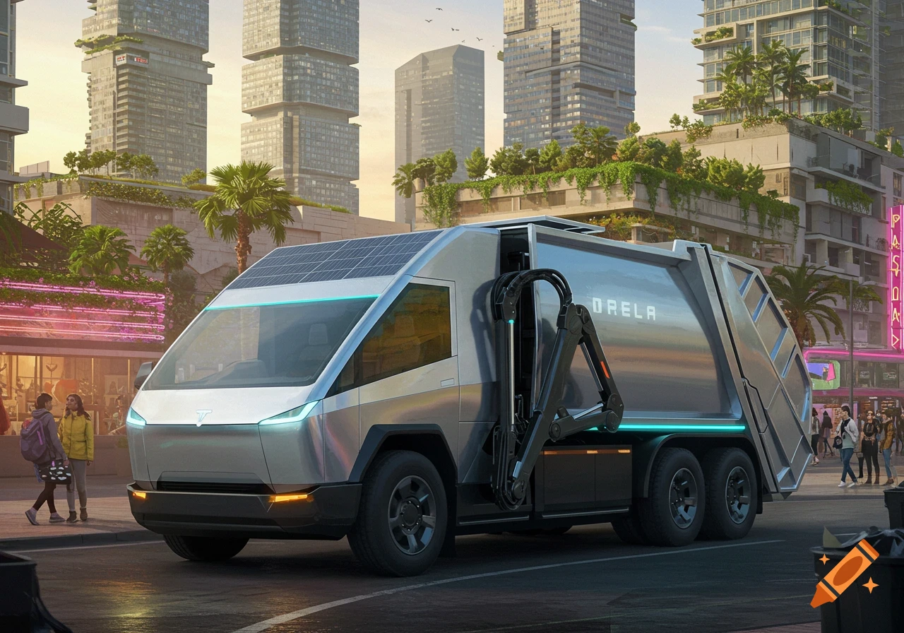 A futuristic, stainless steel Tesla-style garbage truck with solar panels parked on a city street with modern buildings and neon signs in the background.