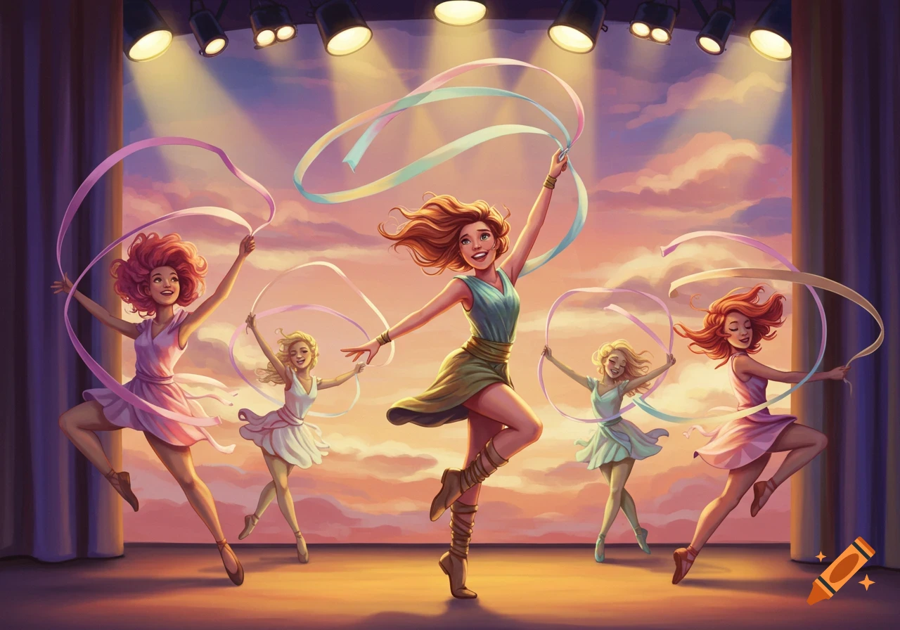 An illustration of five female dancers on a stage with colorful ribbons, illuminated by spotlights against a vibrant sky backdrop.