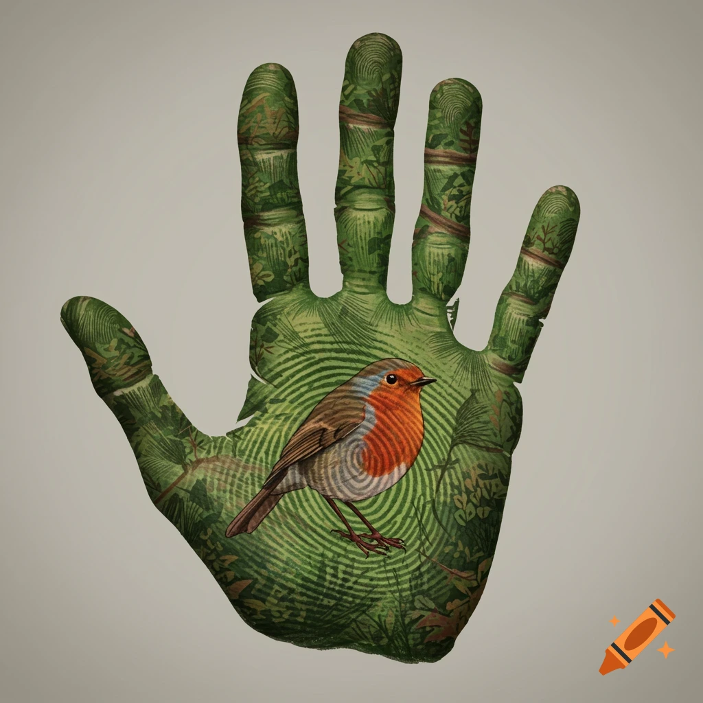 An illustration of a hand shape filled with green foliage patterns and concentric circles, featuring a colorful robin bird with a red breast in the center.