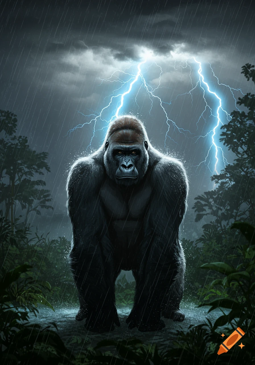 A powerful gorilla stands in a dark, stormy jungle, illuminated by bright blue lightning bolts and heavy rain.