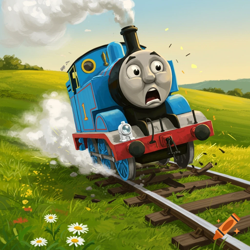 A scared cartoon train, Thomas the Tank Engine, derails from broken tracks in a grassy field under a blue sky.